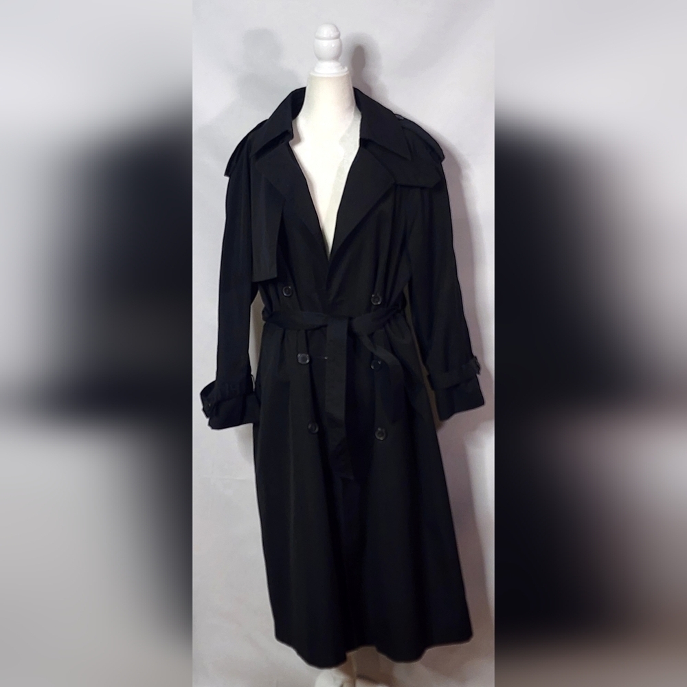 Vintage Womens Black Trench Coat Jacket Plaid Lining Unique Size 10 Winter Fall